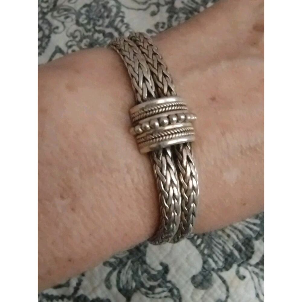 Vintage BA INDONESIA Bali Sterling Silver 2 Chain Hand-Woven 8” CHUNKY Bracelet